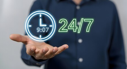 Twenty four seven service concept for business availability and support all the time online