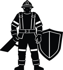 Firefighter vector Silhouette illustration firefighter with shield and gear silhouette