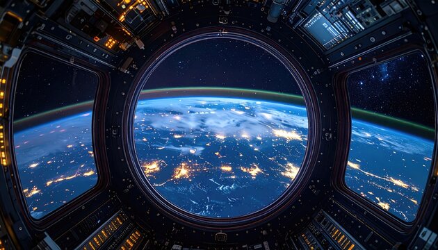 Earth's curving horizon with city lights is seen through space station window. Black frame surrounds a blue planet and bright stars - Powered by Adobe