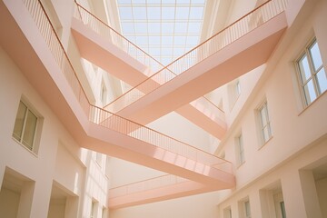 Obraz premium Modern Interior Architecture: Geometric Staircase Design with Soft Colors and Natural Light