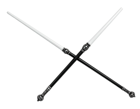Two crossed, stylized staffs, black shafts with white ends, ornate finials