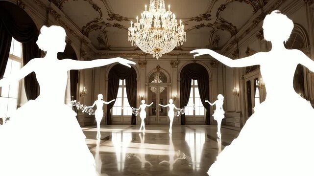 Ballet dancers in silhouette performing in a grand ballroom with elegant chandelier and large windows