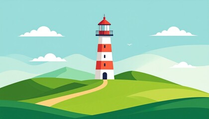 A stylized coastal landscape illustration featuring a red and white lighthouse atop rolling green hills under a bright blue sky with scattered clouds