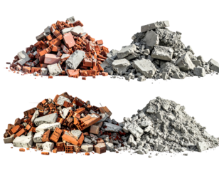 Two piles of red brick and two piles of gray concrete debris