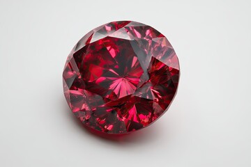 Close-up of a round, brilliant-cut ruby.  Deep red, faceted gem