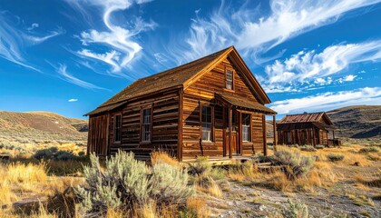 A weathered wooden house stands in an arid landscape, under a bright blue sky filled with dramatic, wispy cloud formations, near another structure