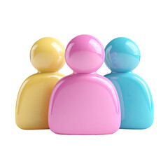 Three glossy, pastel-colored, simplified human figures stand shoulder-to-shoulder, representing a team or group