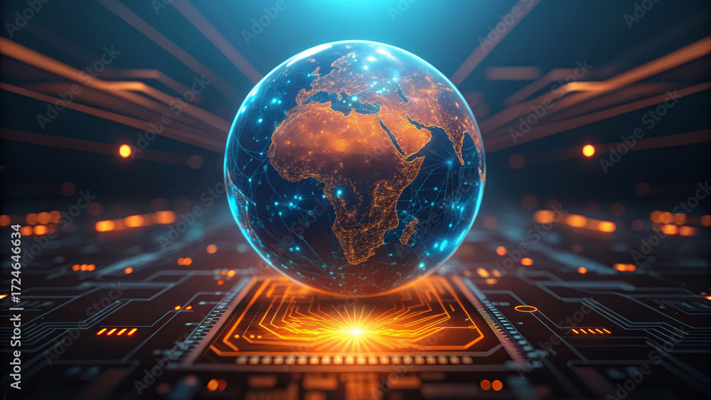 Poster digital globe with illuminated africa and network connections symbolizes digital sovereignty and adv