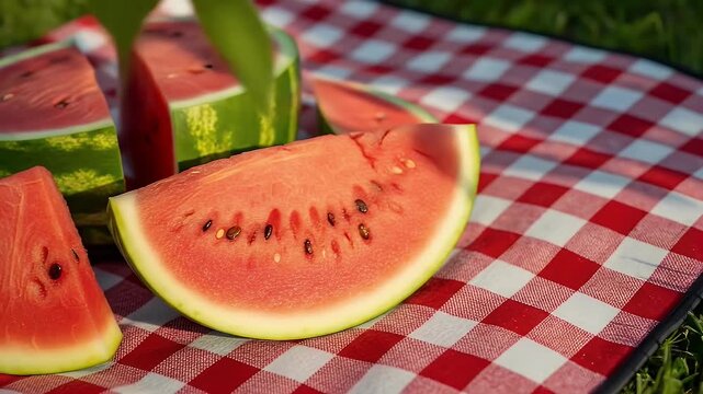 Fresh Watermelon Slices on Picnic Blanket featuring  pattern  refreshing  enjoy background detail for creative presentation design