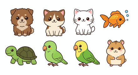 Obraz premium Cute pets collection Kawaii style Various animals Dog cat fish turtle parrot hamster