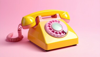 Vintage rotary telephone, predominantly bright yellow and pink, set against a smooth, solid pink background, creating a nostalgic and vibrant aesthetic