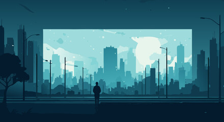 Fototapeta premium Solitary in the Metropolis: A silhouette of a person stands before a projected cityscape, contemplating the vast urban expanse with a feeling of solitude and wonder.