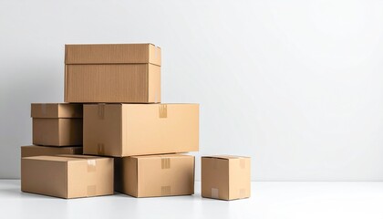 Stack of brown cardboard boxes sealed with tape on a white surface, casting shadows against a plain, bright white wall backdrop