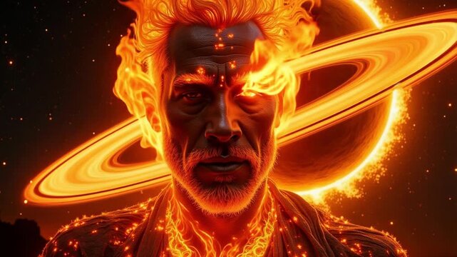 Stunning 4K Video of Lord Agni, Hindu Deity, on a Dark Planetary Ring Background: Perfect for Spiritual Projects, Mythology Content, and Dynamic Visuals