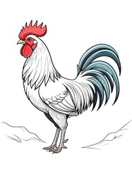 Fototapeta premium Rooster, white and teal plumage, standing proudly