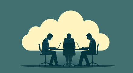 Digital Collaboration: Silhouetted figures collaborate around a table, bathed in the ethereal glow of a stylized cloud, capturing the essence of modern teamwork and data-driven synergy.