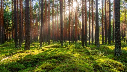 Fototapeta premium Sun shines through a forest, illuminating green moss groundcover. Trees stand tall, casting shadows. Sunlight creates ethereal atmosphere