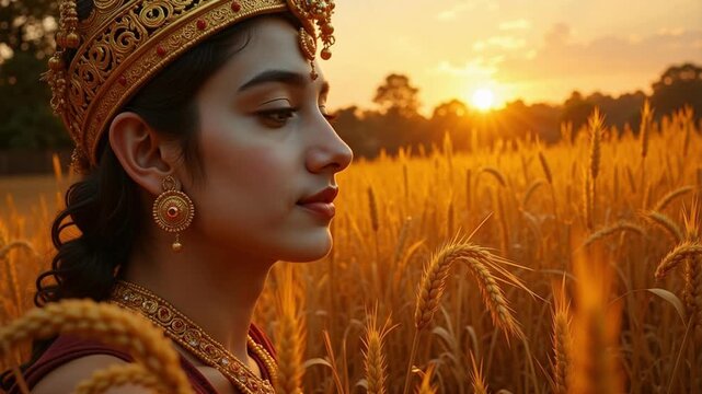 Divine Lord Ayyappa face radiating peace on sacred grain field, a stunning 4K video evoking faith, spirituality, and serene blessings