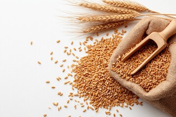 Wheat grains spilling from burlap sack with wooden scoop on white background
