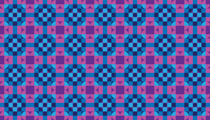 Seamless geometric pattern in purple and blue tones with abstract checkerboard design. Retro digital style background for fabric, wallpaper, and modern decoration