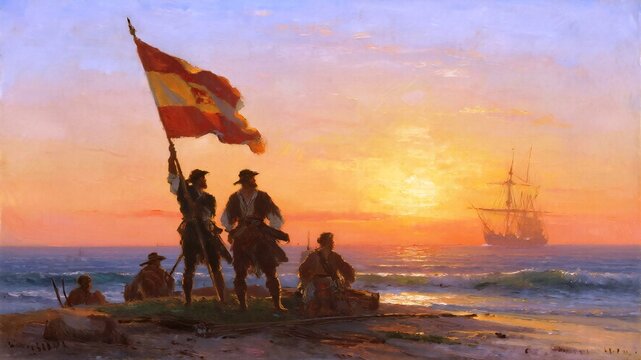 Adventurous explorers plant the Spanish flag on a new shore at golden hour, a majestic sailing ship on the horizon signaling discovery and new beginnings.