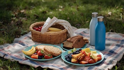Healthy picnic with fruits, bread, and drinks outdoors