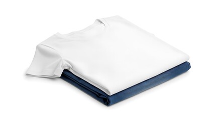 A stack of folded white and navy blue t-shirts presented against a plain white background.