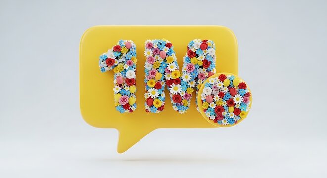 A cheerful, vibrant display of the number one million, composed of colorful flowers, presented within a bright yellow speech bubble, in a vibrant and engaging design.