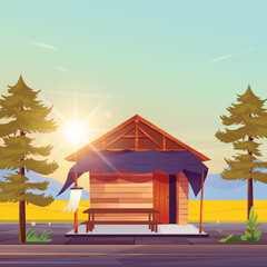 Illustration of a hut with a rural landscape, nature, trees, and sunlight