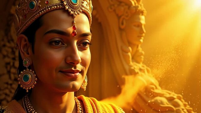 Mystical Lord Ayyappa face in golden sand, a spiritual journey. Experience devotion and serenity in this divine Hindu deity close up. 4k video