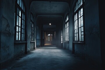 Obraz premium A long, dark corridor in an abandoned building