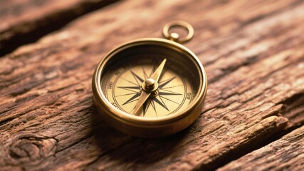 Antique brass compass resting on weathered wooden surface, guiding the way to adventure and discovery with its classic design and precision.