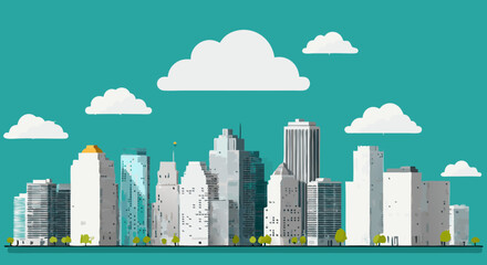 Urban Skyline: A clean, modern illustration presents an urban cityscape under a bright blue sky with fluffy clouds. The image exudes a sense of order and tranquility.