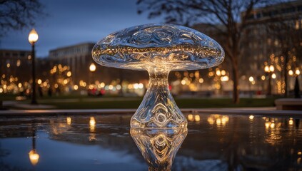 Crystal mushroom fountain at dusk