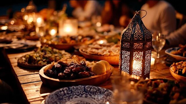 Feast laid on wooden table ornate lantern glowing platters laden with food intimate dinner setting