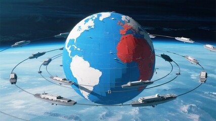 Global fleet encircles stylized planet Earth with interconnected pathways demonstrating worldwide naval presence and strategic dominance in a dynamic orbital view.