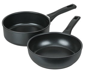 Two black round cookware pieces, one slightly larger than the other, sit atop one another.  They feature dark gray handles