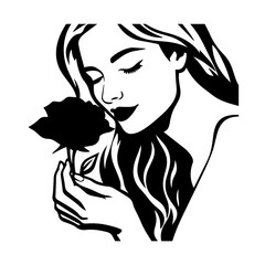 Black and white vector illustration of a beautiful woman holding a flower, minimal clean line art style