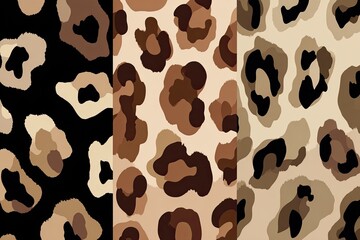 Three vertical panels of leopard print patterns in varying shades of brown