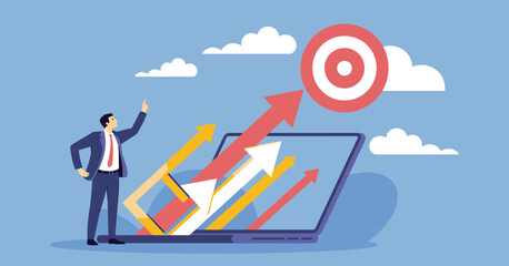 Business Growth Strategy Vector with Arrows Hitting Target – Success Concept Illustration for Corporate Progress, Marketing Goals, Financial Planning, and Future Vision in Flat Design