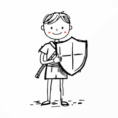 Doodle sketch vector boy with sword and shield, smiling knight design for playful fantasy content