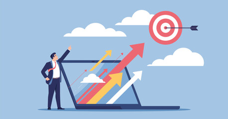 Business Growth Strategy Vector with Arrows Hitting Target – Success Concept Illustration for Corporate Progress, Marketing Goals, Financial Planning, and Future Vision in Flat Design