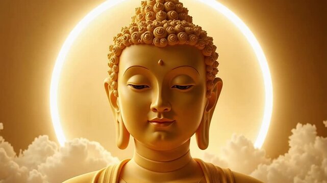 Divine Light Illuminates Lord Buddha's Face in 4K Video, a Symbol of Peace, Spirituality, and Tranquility Perfect for Meditation and Religious Projects