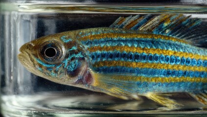 Small, colorful fish in clear glass container