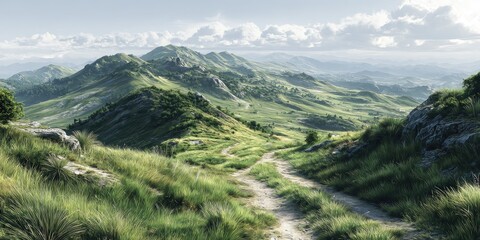 Fototapeta premium Panoramic view of rolling hills, lush greenery, and a winding dirt road. Gentle slopes covered in vibrant green grass and shrubs ascend to a distant mountain range under a bright, cloudy sky. 