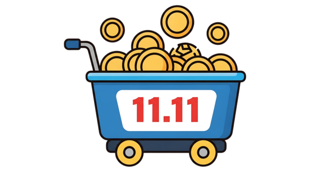 Celebrate Singles' Day with this overflowing cart of golden coins, ready for a shopping spree and incredible savings during the 11.11 sale event