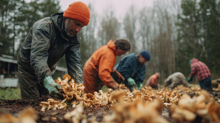 Gathering mushrooms in forest setting with multiple individuals wearing colorful jackets and gloves, busy picking and organizing harvested fungi in natural surroundings.