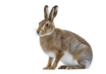 Obraz premium Close-up of a brown hare, seated against a stark black background, showcasing its detailed fur and alert expression.