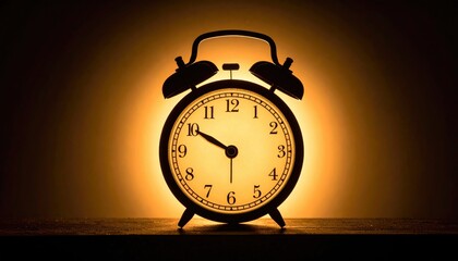 A silhouette of an analog alarm clock is illuminated, with glowing numerals against a dark background