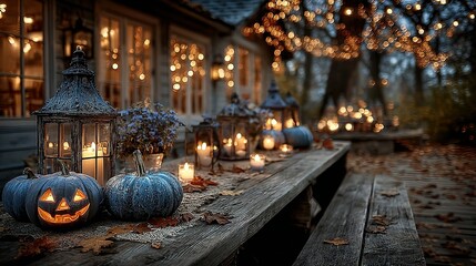 Obraz premium Pumpkins lanterns candles and lights decorate a wooden table outdoors at night.